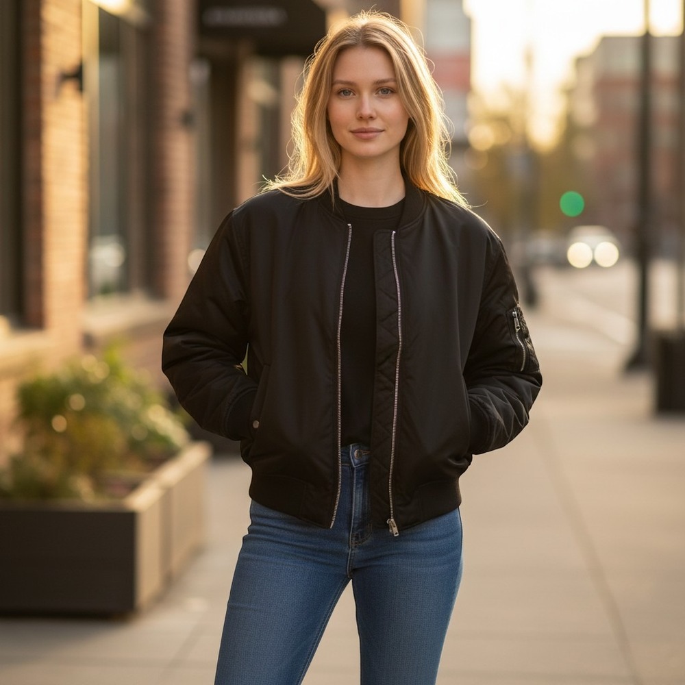 Athleta Sateen Bomber Jacket Women's Black XL Water Repellent, Urban, Casual